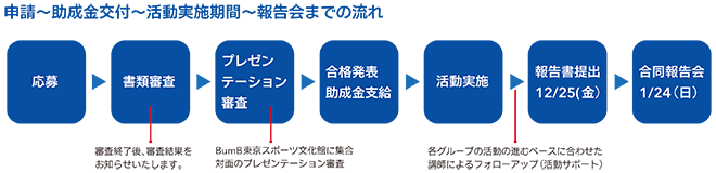 申請~助成交付~活動実施期間~報告会までの流れ
